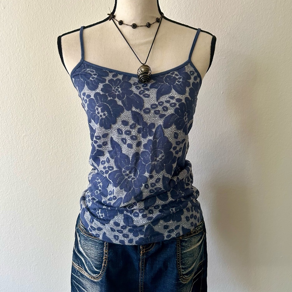 Ann Taylor Blue Cream Floral Lace bohemian Boho Navy Strappy Cami Adjustable